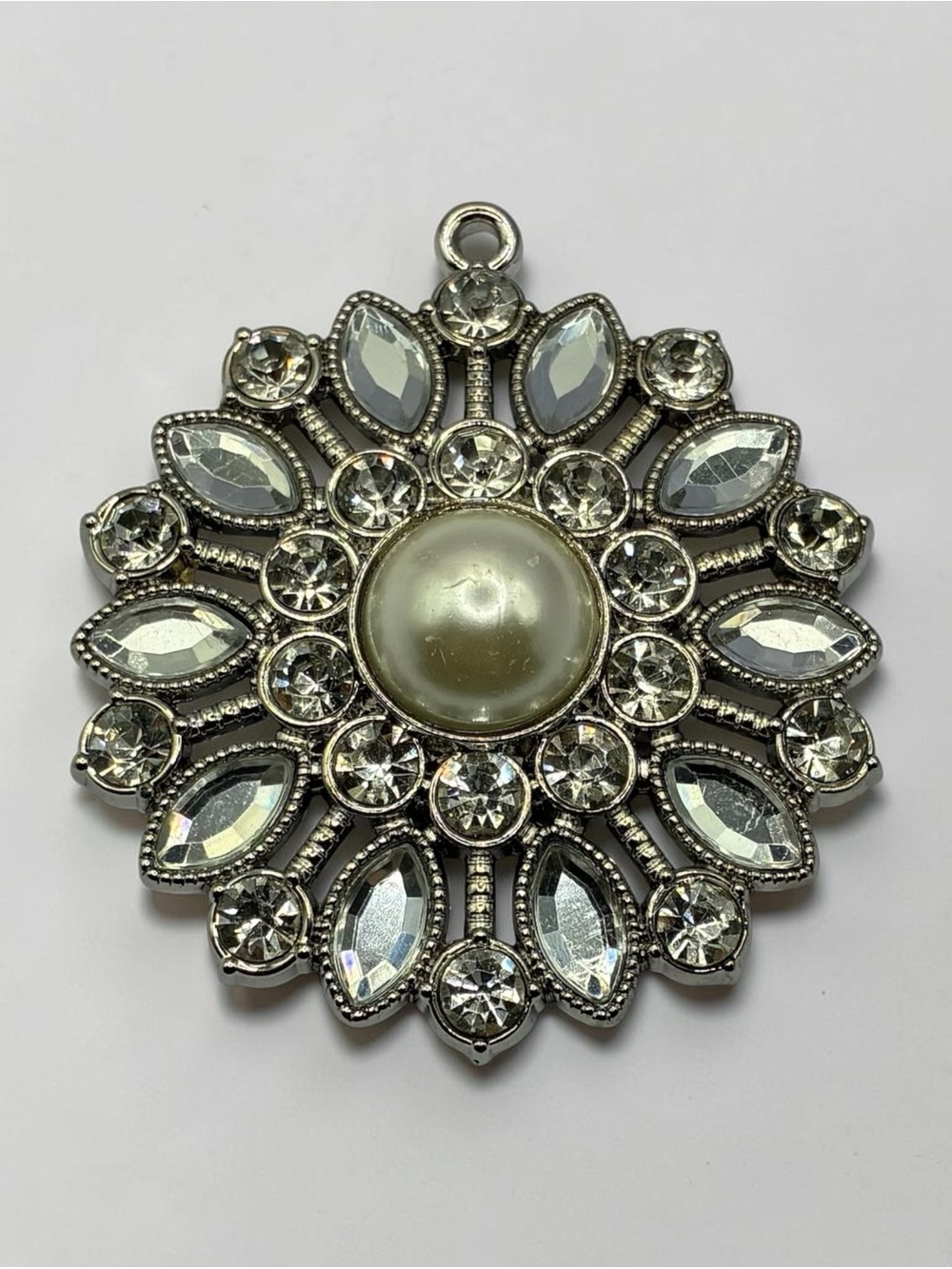 Vintage Silver Tone Faux Pearl & Crystal Rhinestone Sunburst Statement Pendant